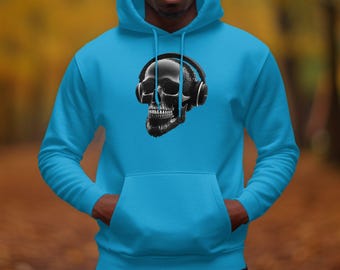 Headphone Skull Hoodie, Music and Mystery Combined, Unique Graphic Hoodie, Skull Headphones Design, Gift for Music Lovers, Gothic Hoodie