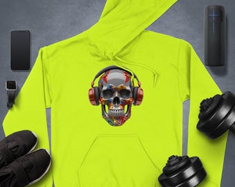 Headphone Skull Hoodie, Casual Wear, Skull Headphones Design, Unisex Hoodie, Music Lover's Outfit, Unique Skull Hoodie, Colorful Skull