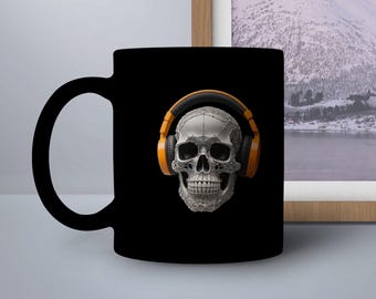 Unique Skull Mug with Headphones, Cool Coffee Cup for Music Lovers, Perfect Halloween Gift, Trendy Spooky Decor, Rock n Roll Mug