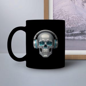 Skull with Headphones Mug, Cool Skull Mug, Gothic Coffee Mug, Unique Skull Design, Music Lover Gift, Novelty Mug, Rock Music Skull
