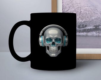 Skull with Headphones Mug, Cool Skull Mug, Gothic Coffee Mug, Unique Skull Design, Music Lover Gift, Novelty Mug, Rock Music Skull