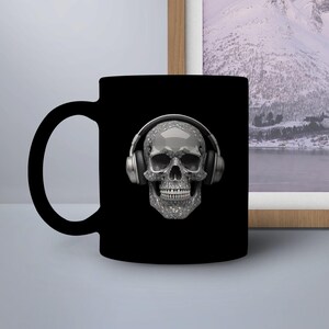 Skull with Headphones Mug, Unique Skeleton Design, Music Lover Gift, Rock and Roll Mug, Cool Coffee Cup, Gothic Mug, Halloween Mug
