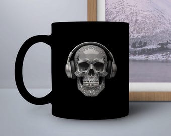 Skull with Headphones Mug, Unique Skeleton Design, Music Lover Gift, Rock and Roll Mug, Cool Coffee Cup, Gothic Mug, Halloween Mug