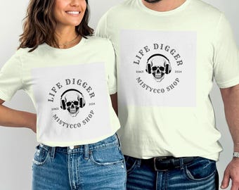 Skull Headphones T-Shirt, Life Digger Graphic Tee, Mistycco Shop Vintage Design, Since 2024, Unique Skull Art, Cool Music Lover Shirt