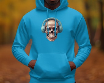 Trendy Skull Hoodie with Headphones, Unique Skull Design Hoodie, Cool Music Lover Hoodie, Eye-catching Skull Graphic Sweatshirt
