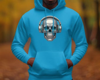 Edgy Headphone Skull Hoodie For Music Lovers, Cool Skull and Headphones Design Hoodie, Unique Gift For Music Enthusiasts