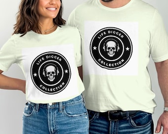 Life Digger Collection Skull Headphones T-Shirt, Unique Graphic Tee, Cool Casual Wear, Music Lover Gift, Skull Design Shirt, Rock Style