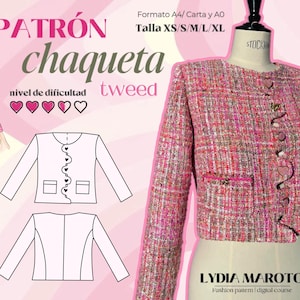 May include: A pink tweed jacket sewing pattern with a heart-shaped button detail. The pattern is for sizes XS to XL and includes instructions for a cropped jacket with pockets. The pattern is rated as easy to sew.