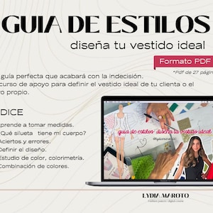 Puede incluir: Una guía rosa y blanca con el título "Guia de Estilos" y el texto "diseña tu vestido ideal" en negro. La guía es un PDF de 27 páginas y es un recurso para definir el vestido ideal para un cliente. La guía incluye una pantalla de portátil que muestra a una mujer dibujando un diseño de vestido.