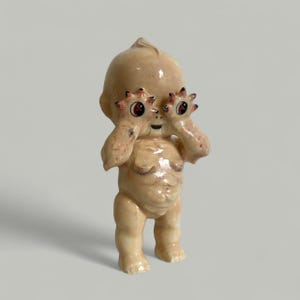 Puede incluir: Figura de cerámica de una criatura con aspecto de bebé de color beige claro. La figura tiene grandes apéndices con ojos rojos que cubren sus ojos. La figura tiene una boca pequeña y una barriga redonda. La figura está sobre una superficie gris claro.