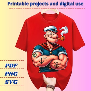 Popeye Sailor Cartoon Digital Design | PNG SVG PDF | Transparent Background | T-Shirt Sublimation | Printable for Cricut & Silhouette