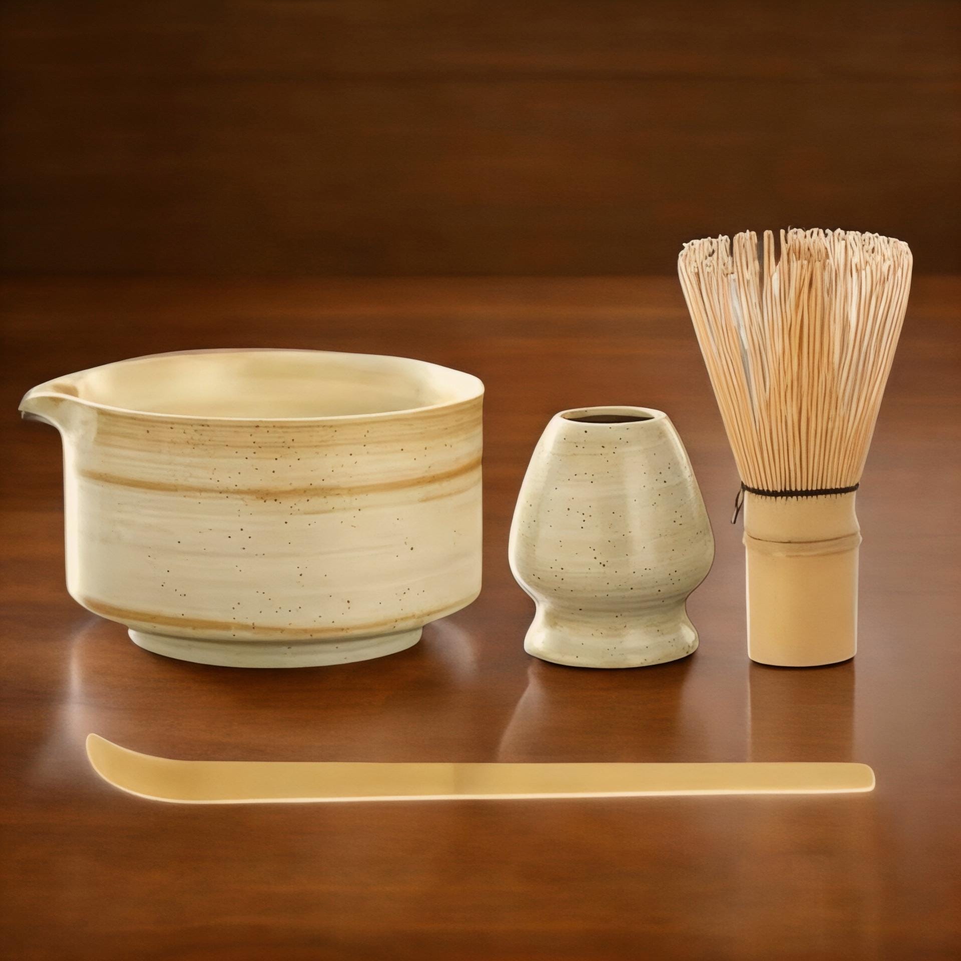 ชุดไม้ตีชาเขียวมัทฉะแบบญี่ปุ่น - ไม้ตีชาเขียว (Chasen), ที่วางเซรามิก, ช้อนตัก, แปรง, อุปกรณ์พิธีชงชาแบบดั้งเดิม