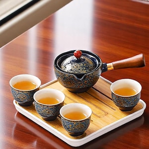 日本製陶器トラベルティーセット I 旅行用ティーポット＆カップ、竹製トレイ、キャリーケース、日本の茶道のためのエレガントなギフトセット、誕生日プレゼント