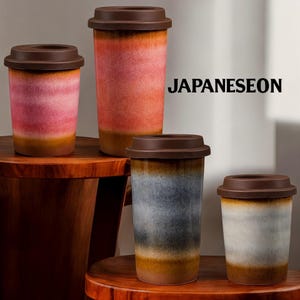 Handmade Japanese Ceramic Travel Mug with Silicone Lid – To Go Coffee Mug, Artistic Insulated Cup, Kiln Changed Ceramic, Anniversary Gift