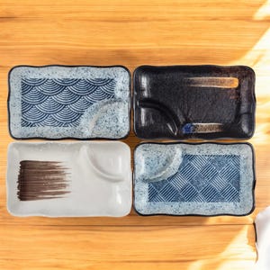 Japanese Retro Style Sushi Plate with Sauce Compartment Elegant Handmade Ceramic Tray Porcelain Appetizer Plate for Sushi and Dipping Sauces