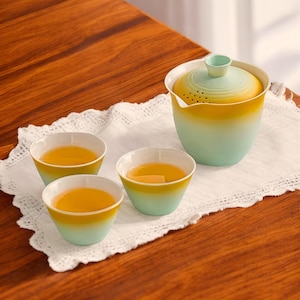 Juego de té portátil de cerámica japonesa Kungfu: tetera con degradado con 3 tazas, juego de té de viaje, servicio de té, hora del té, juego de té chino para fiestas de té