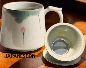 Japanese Ceramic Tea Infuser Mug Handmade Tea Filter Mug With Lid Elegant Tea Time Asian Kitchenware Travel Mug Coffe Cup Teacup Tea Service
