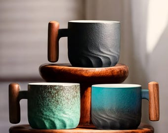 Handmade Japanese Ceramic Espresso Cups Mini Tea Cup with Wood Handle Rustic Espresso Shot Glass Noodle Cup  Modern Espresso Glass
