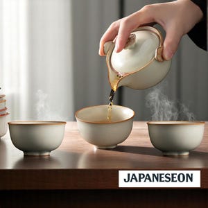 Japanese Ceramic Portable Travel Tea Set I Handmade Ceramic Gongfu Teapot with 3 Cups & Case | Minimalist Floral Tea Ceremony I Gift for him