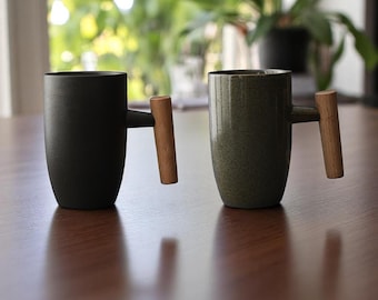 Japanese Ceramic Mug with Wooden Handle I Minimalist Pottery Coffee Cup for Japandi Kitchen, Tea Mug Gift for Him or Her, Rustic Drinkware