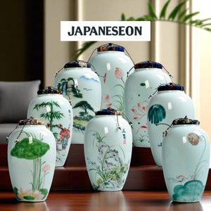 Tall Chinese Ceramic Tea Jars with Lid I Hand-Painted Porcelain Storage Canisters | Vintage-Style Decorative Kitchen Jar for Tea I Herbs
