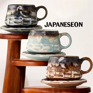 Japanese Ceramic Cappuccino Cup With Saucer Vintage Aesthetic Tea Cup Wabi Sabi Handcrafted Mug Japandi Kitchen Conversation Starter Gift