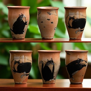 Playful Black Cat Ceramic Tea Cup I Hand Painted Japanese Style Mini Mug for Tea & Espresso | Whimsical Pottery Gift for Cat Lovers I Matcha