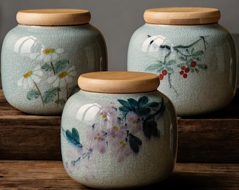 Japanese Ceramic Tea Caddy Handcrafted Tea Canister with Lid Floral Spice Jar Ginger Jar Kungfu Tea Container Tea Time Storage Canister Set