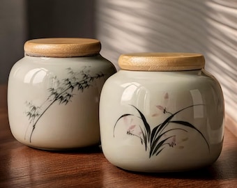 Japanese Ceramic Tea Caddy with Bamboo & Orchid Design - Airtight Ginger Jar, Spice Container, Tea Canister, Asian Kitchenware Storage