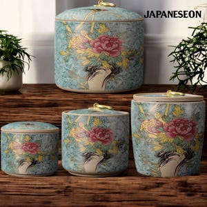 Hand-Painted Japanese Tea Container Ceramic Kitchen Canister Set Tea Coffee Sugar Canister Set Porcelain Storage Jar Set Asian Home Decor