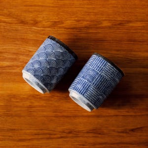 Blue and Black Japanese Coffee Mug, Retro Ceramic Tea Cup, No Handle Artisan Mug, Handmade Rustic Drinkware, Unique Rustic Kitchen Gift