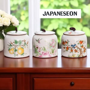 Hand-Painted Ceramic Storage Jar I Vintage Japanese Tea Canister with Floral & Bird Design | Elegant Porcelain Container for Tea I Coffee
