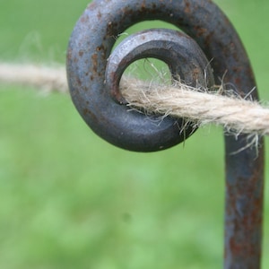 May include: A close-up of a rusty metal hook with a rope wrapped around it. The hook is shaped like a spiral and is against a blurred green background.