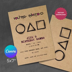 Squid Games Recruit Card Party Invitation v2, download DIGITALE, modello Canva Invito di compleanno, 5 x 7 pollici, stampa istantanea modificabile, stampabile