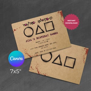 Jeux de calamars, carte d'invitation à une fête, version paysage, téléchargement numérique, modèle de toile d'invitation d'anniversaire, 5 x 7, impression instantanée modifiable