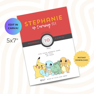 Convite para festa temática Pokémon Pokeball, modelo Canva para convite de aniversário, 5 x 7 polegadas A7 para impressão, download instantâneo digital editável