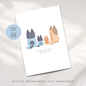 Carte de fête des pères sur le thème Bluey, téléchargement numérique, imprimable 5 x 7, le meilleur papa du monde, dessin aquarelle, esthétique simple minimale, PDF JPG