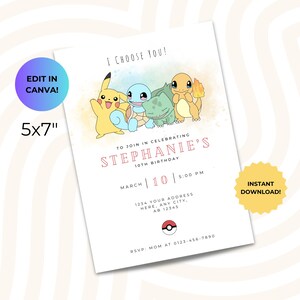 Convite para festa temática Pokémon, modelo de convite de aniversário Canva, 5 x 7 polegadas A7 para impressão, download instantâneo digital editável, design minimalista