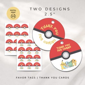 Étiquettes de cadeau Pokémon Pokeball, cartes de remerciement, téléchargement numérique, imprimable pour la classe, cadeaux, enfants adolescents préadolescents, sacs cadeaux, Pikachu