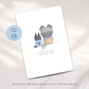 Carte de fête des enseignants sur le thème Bluey, téléchargement numérique, imprimable 5 x 7, Le meilleur enseignant du monde, dessin aquarelle, calypso, PDF JPG