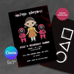 Invitación para fiesta de juegos de calamar, descarga DIGITAL, plantilla Canva, invitación para fiesta de cumpleaños, 5 x 7, descarga instantánea editable, invitación imprimible