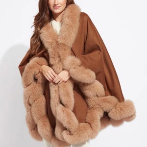 Luxurious Women's Cashmere Cape with Genuine Fox Fur Trim | Elegant & Cozy Winter Wrap | One Size Fits All