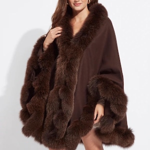 Luxurious Brown Cashmere Cape with Genuine Fox Fur Trim | Elegant Winter Wrap | One Size Fits All