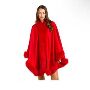 Luxus Roter Kaschmir Umhang mit echtem Fuchspelz | Eleganter Winter-Wrap für Frauen | Einheitsgröße