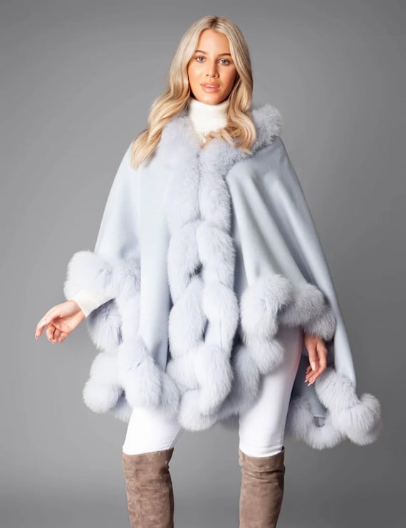 フィンランドフォックスファー付きカシミヤポンチョ（フリーサイズ