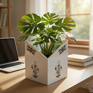 May include: A white decorative planter with a black floral design, holding a lush green Monstera plant. The planter sits on a wooden desk next to a laptop and books, with a window in the background.