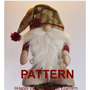 May include: A handmade gnome doll with a long white beard, a tan nose, and a green hat with a red pom-pom. The gnome wears a red and white striped shirt and tan boots. The word "PATTERN" is displayed in red text.