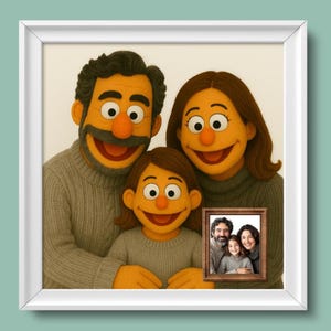 May include: A framed portrait featuring a family of three, depicted as puppets with large eyes and smiling faces. The puppets wear gray sweaters. A smaller framed photo of the family is included within the larger frame.