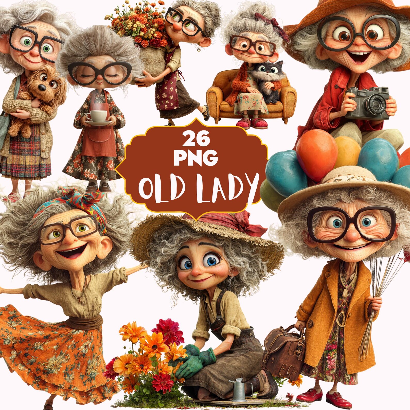Funny Old Grandma Clipart : Whimsical Elderly Women PNG, Quirky Silly ...