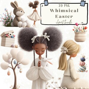 May include: A digital clipart bundle with a whimsical Easter theme. The image features illustrations of a bunny, children, Easter eggs, and a basket of flowers. Text on the image reads "39 PNG Whimsical Easter clipart bundle."